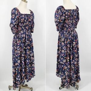 Ann Taylor Floral Smocked Maxi Dress Puff Sleeves Navy Blue 8 Petite